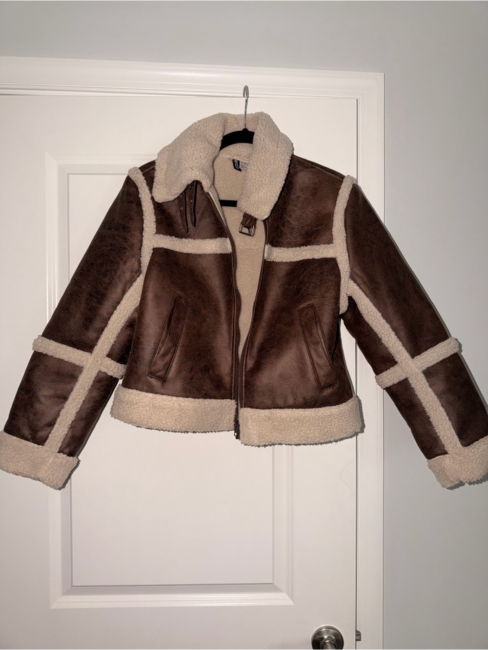 H&M Brown Shearling-Trim Bomber Jacket with Cream Accents
